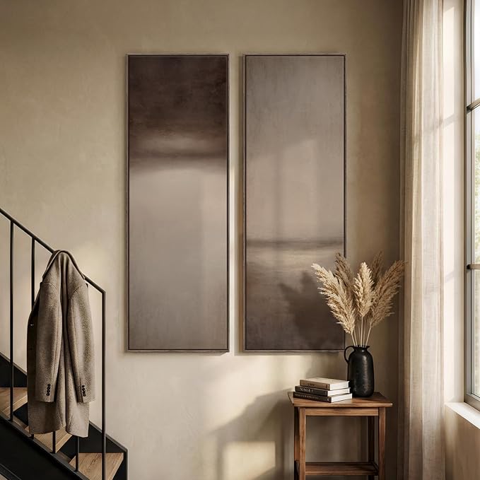 Long Narrow Framed Brown and Beige Neutral Abstract Vertical Wall Art, - Image 3