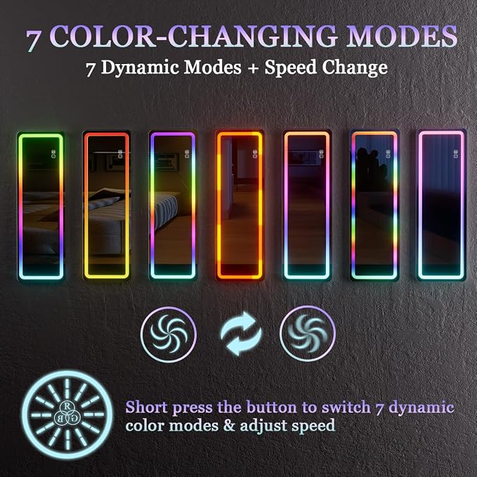 Koonmi LED Full Length Mirror, RGB Color Changing Lights, 7 Dynamic Modes - Image 4