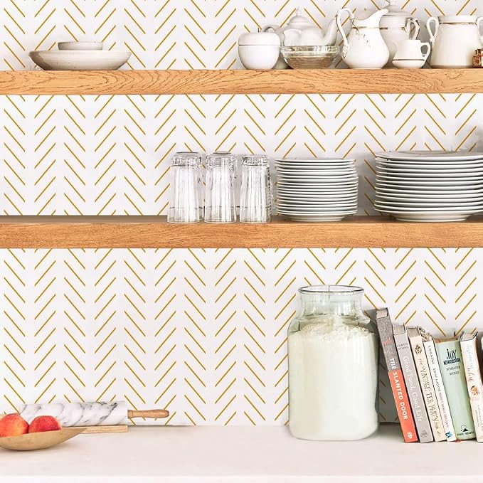 Erfoni Yellow and White Peel and Stick Wallpaper Modern Herringbone Wallpaper - Image 8