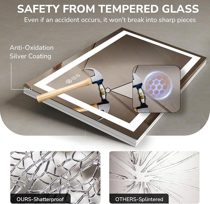 USHOWER LED Bathroom Mirror 20x28 Inch Tempered Glass - Image 6