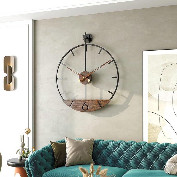 Modern Wood Walnut Dial Wall Clock, Large Simple Wall Decor Metal Frame Silent by DAYDAYART