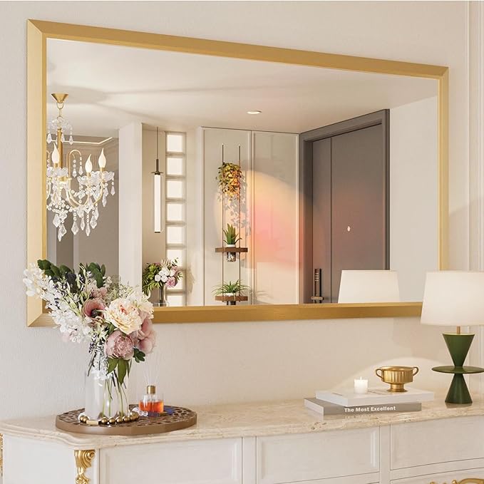 Amorho Bathroom Mirror, 60x36 Inch Golden Thick Metal Framed Wall Mirrors by Amorho