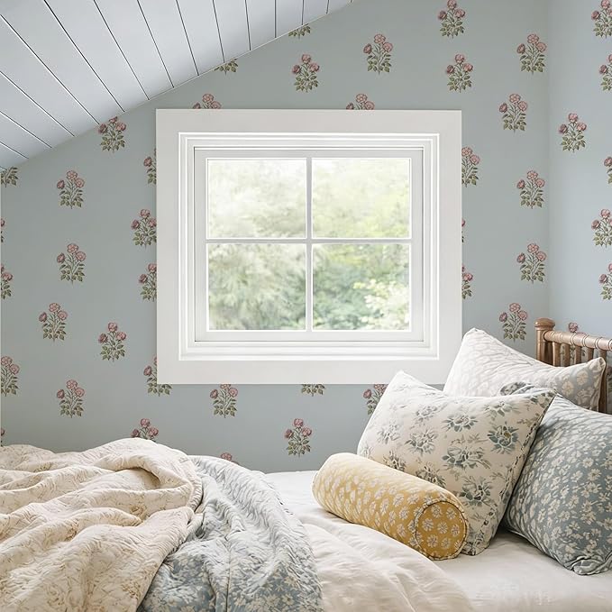 17.3"× 118.1" Vintage Blue Floral Wallpaper Peel and Stick Boho Wallpaper - Image 5