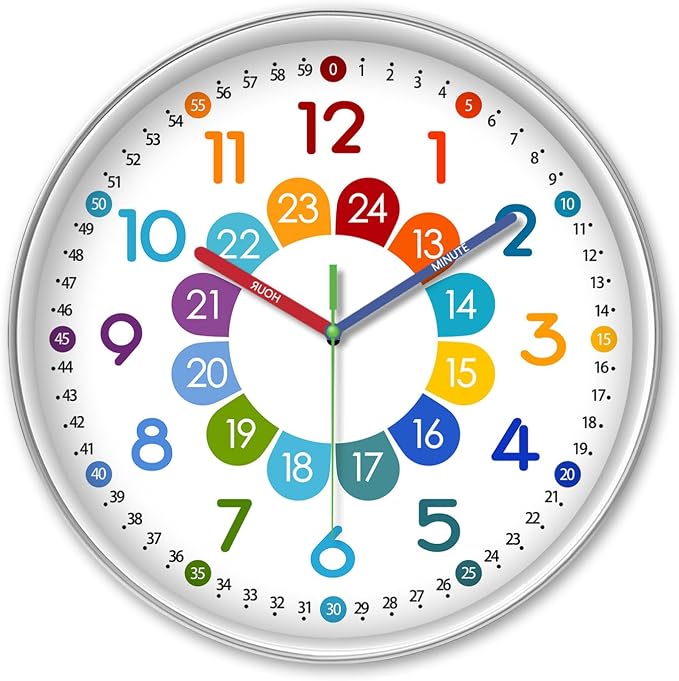 XFM Colorful Kids Wall Clock for Bedroom 14 Inch Round Learning Clock by XFMWallClock