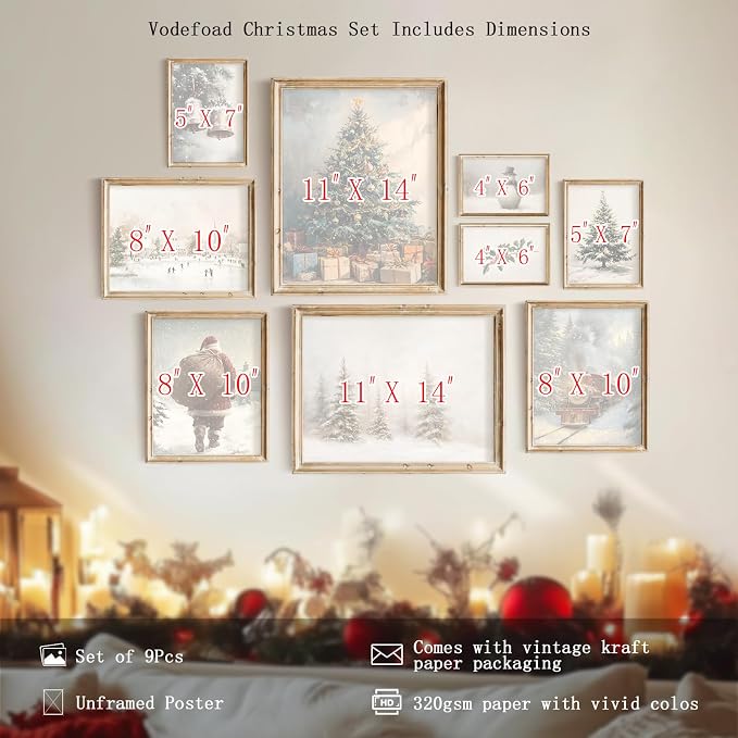 Vodefoad 9Pcs Christmas Print Set Winter Holiday Gallery Wall Prints Santa - Image 3