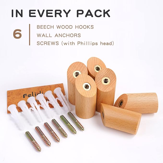 Felidio Wood Wall Hooks, 6 Pack Natural Wooden Coat Hooks Wall-Mounted - Image 5