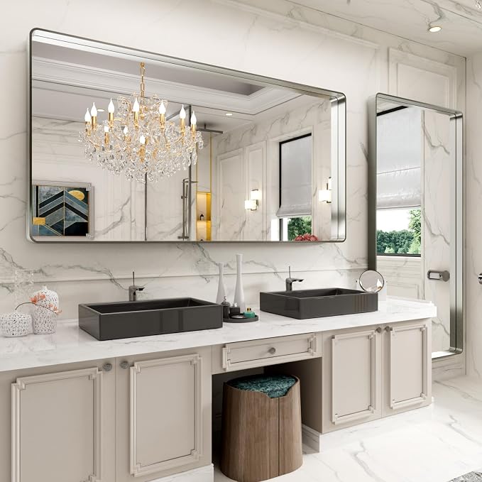 LOAAO 72X36 Inch Brushed Nickel Bathroom Mirror, Rounded Rectangle Silver Metal - Image 4