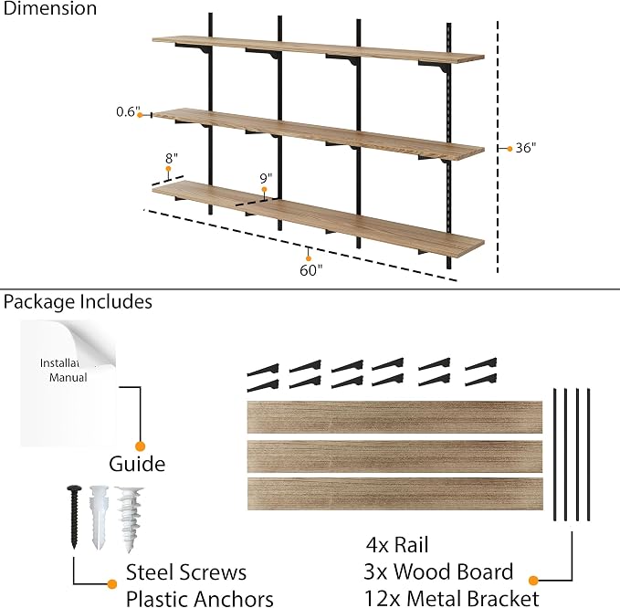 Wallniture Turin 60 Inch Long Adjustable Wall Shelf, Hanging Shelves - Image 3
