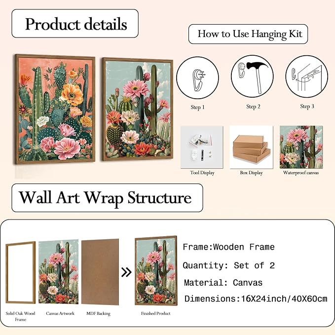Framed Mexican Cactus Canvas Wall Art Set of 2, Vintage Desert Floral Wall - Image 6