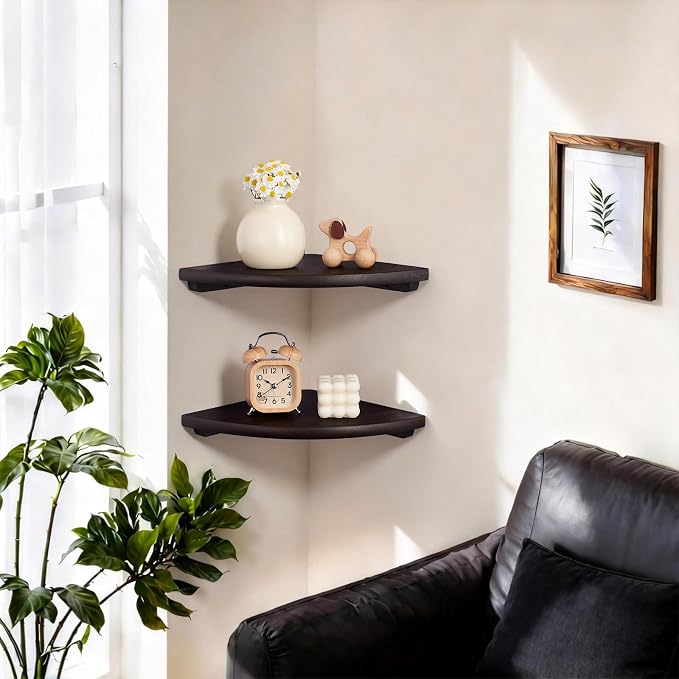Gieanoo Floating Corner Shelves Set 2 16inch Walnut Solid Oak Rounded Corner - Image 2