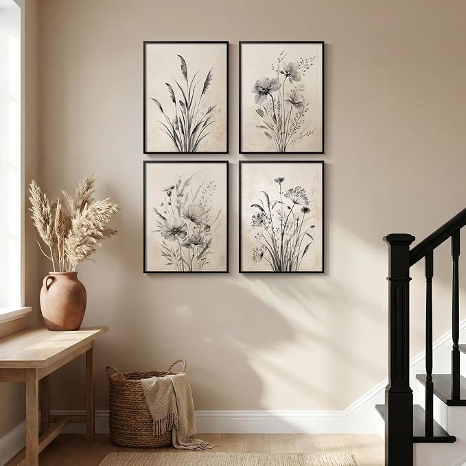 Framed Vintage Botanical Wall Art, 4 Piece Neutral Rustic Boho Floral Canvas - Image 4