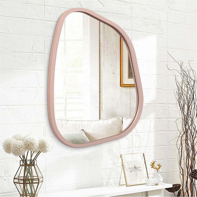 Irregular Wall Mirror 26"x18", Asymmetrical Large Bathroom Mirror Wood Framed - Image 2