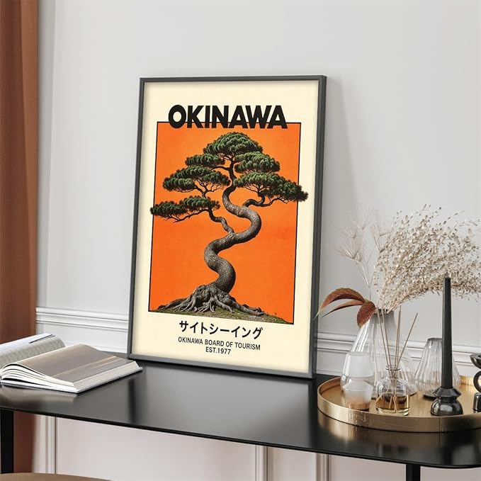 Japanese Black Framed Wall Art Okinawa Prints Vintage Japanese Bonsai Tree - Image 5