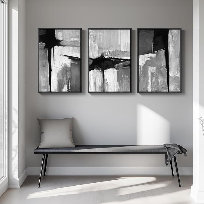 Large Framed Black and White Gray Abstract Wall Art - Image 4