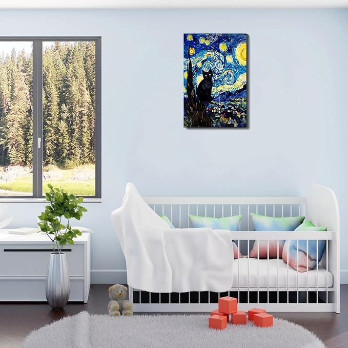 ALMLZL Framed Van Gogh The Starry Night Cat Canvas Wall Art Cute Funny Black - Image 4