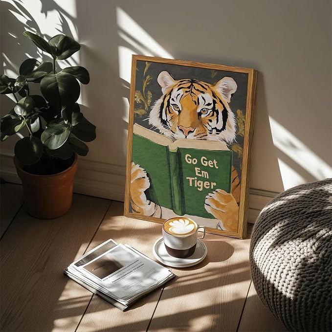Framed Funny Tiger Wall Art, Motivational Animal Reading Wall Decor Paintings - Image 2