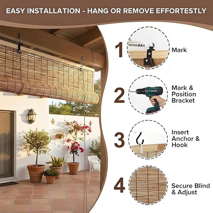 Blackout Bamboo Roller Shades for Outdoor Patio Reed Roll Up Blinds 24" 36" 48" - Image 5