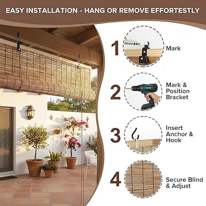 Blackout Bamboo Roller Shades for Outdoor Patio Reed Roll Up Blinds 24" 36" 48" - Image 5