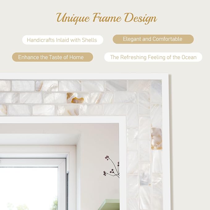 Mosaic Mirrors for Wall 20x28 Inch, Natural Mother of Pearl Inlay White Framed - Image 4