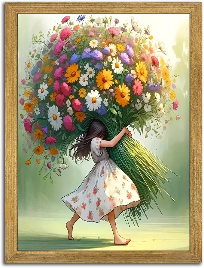 Wood Framed Pink Wildflower Canvas Wall Art, Girl Hugging Flowers Poster Prints by Unknown