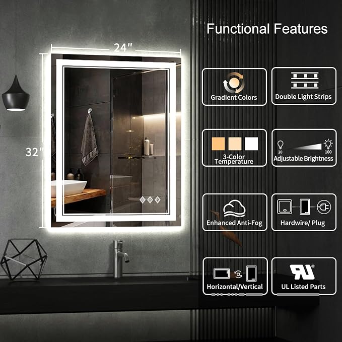 LED Bathroom Mirror, 24x32 Inch Gradient Front and Backlit LED Mirror - Image 2