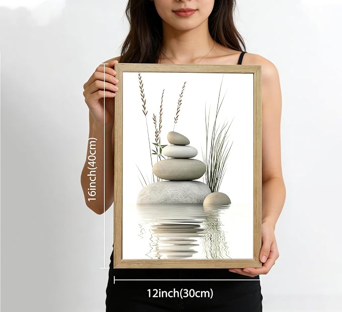 Wooden Frame Zen Stone Canvas Wall Art, Stacked Stones in Water Poster Print. - Image 7