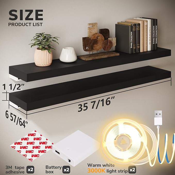 BAMEOS LED Floating Shelves for Wall, Hanging Wall Shelves for Bedroom - Image 2