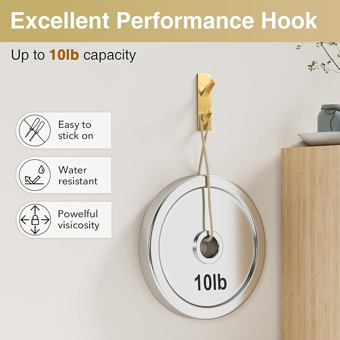 susswiff Gold Wall Hooks for Coat Towel: 13LB Adhesive Door Hanger Stick on - Image 7