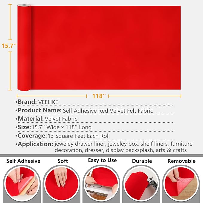 VEELIKE Bright Red Velvet Flocking Liner Self Adhesive Felt Drawer Liners - Image 6