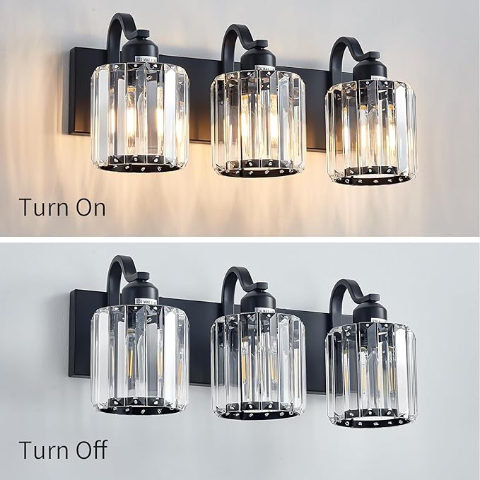 Modern 3-Lights Black Bathroom Vanity Light, Crystal Bathroom Lights Over Mirror - Image 4