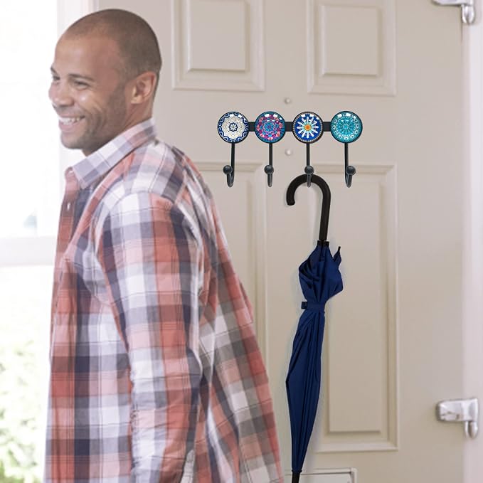 Coat Rack Wall Mounted with 4 Hooks, Round Blue Pattern Decorative Wall Hooks - Image 7