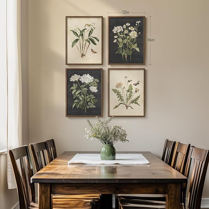 Framed Botanical Wall Art for Living Room, 4 Piece Rustic Floral Canvas - Image 2