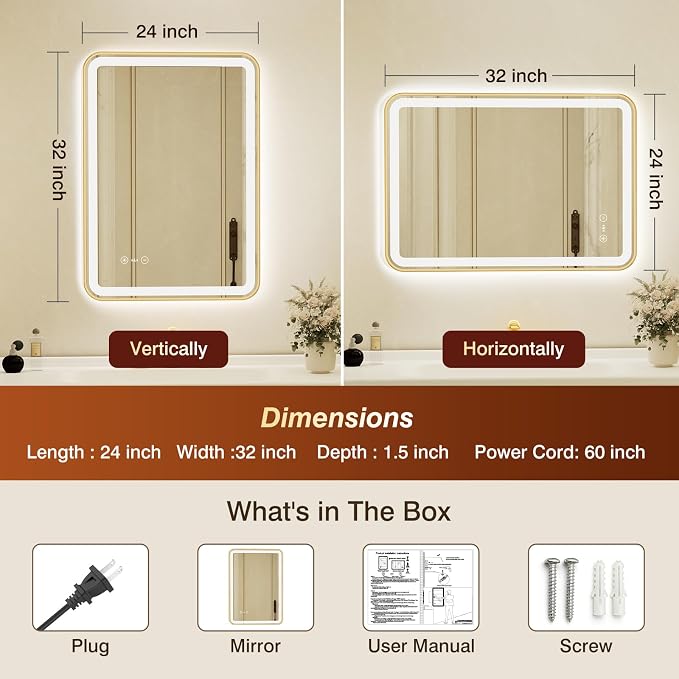 24x32 Inch Gold Framed LED Bathroom Mirror - Image 2