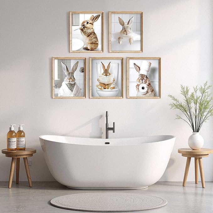 Vodefoad Funny Bunny Bathroom Wall Art 5pcs Bundle Easter Rabbit Posters Animal - Image 2