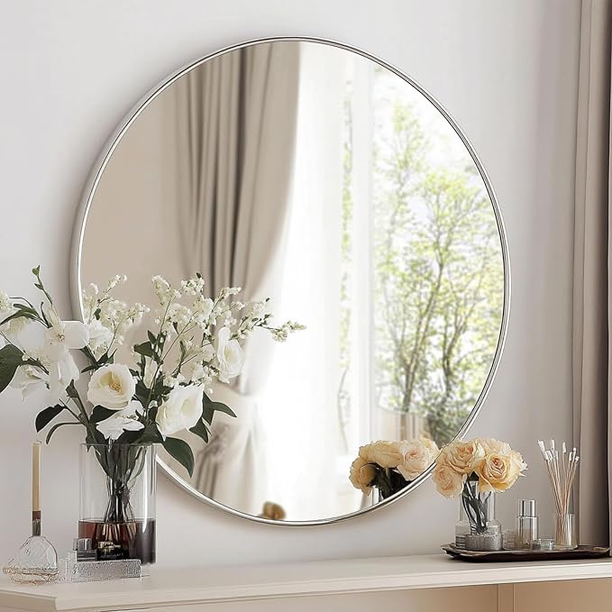 Oruii Silver Round Mirror, Round Mirror 24 inch Brushed Nickel, Circle Wall - Image 9