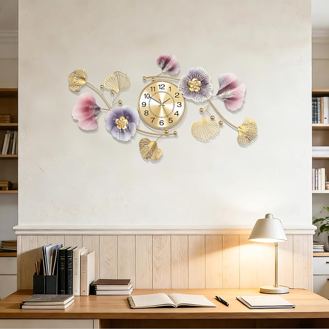 Wall Clocks for Living Room Decor, Large Wall Clock, 3D Creative Metal Ginkgo - Image 7