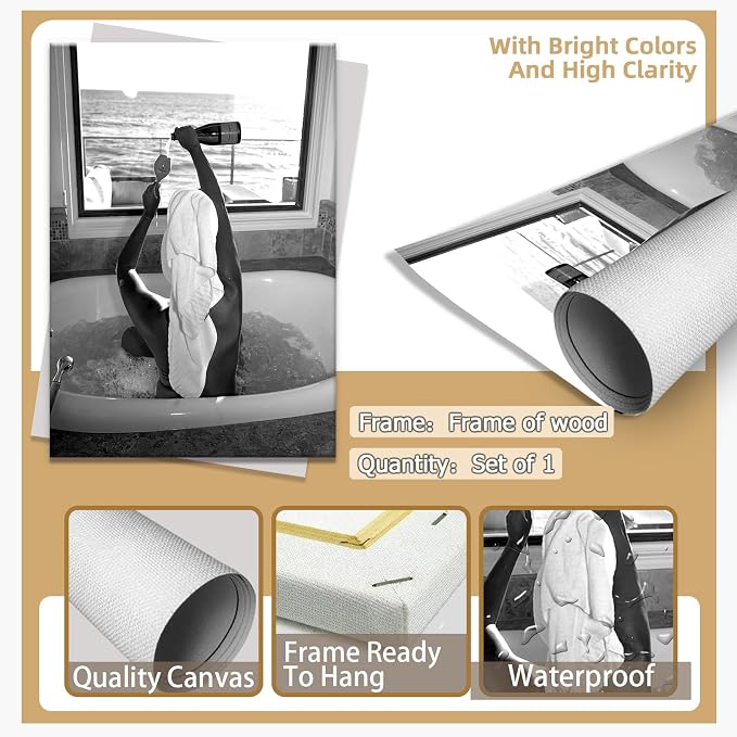 Trendy Black and White Posters Funny Woman Drinking Wine in Bathtub Wall Art - Image 7