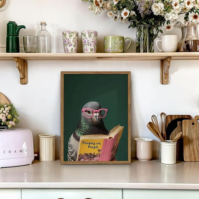 Framed Funny Pigeon Wall Art, Humorous Bird Reading Wall Decor Paintings - Image 3