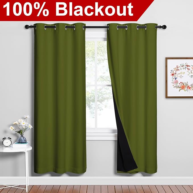 NICETOWN Olive Green Full Shade Curtain Panels, Olive Green, Pair of Thermal - Image 2