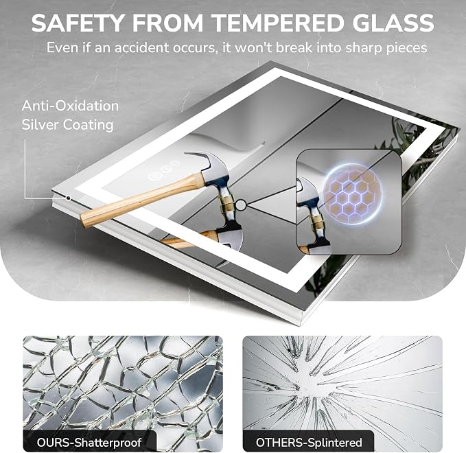 USHOWER LED Bathroom Mirror 55x30 Inch Tempered Glass - Image 6