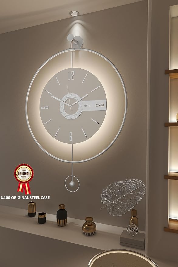 Large Luxury LED Backlit Wall Clock – Pendulum Roman Numeral Metal Ring - Image 3