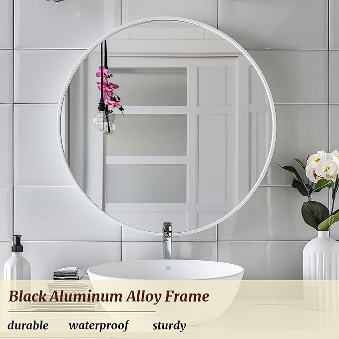 White Round Mirror 16 inch, Bathroom Mirror, Round Wall Mirrors - Image 2