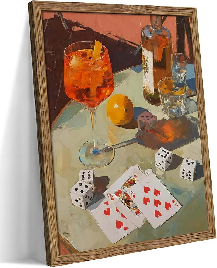 Vintage Framed Cocktail Canvas Wall Art, Retro Dice and Cards Poster Print by Unknown