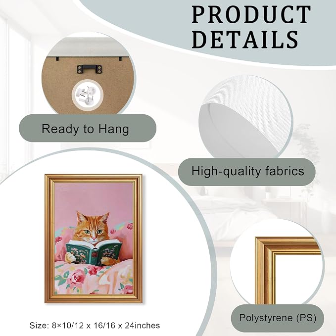 Fantasy Artists Gold Framed Wall Art Prints, Cute Orange Cat Reading a Green - Image 6