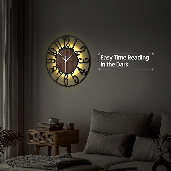 24'' Silent Wall Clock with Night Light, Glow in The Dark Decorative Wall Clock - Image 5