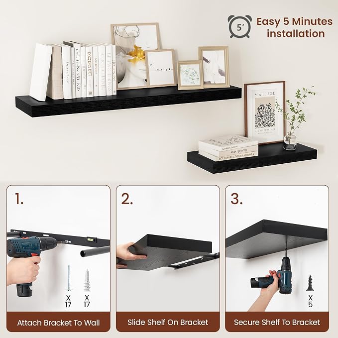 Black Floating Shelves for Wall 24 Inches Long, Heavy Duty Shelf for Bedroom - Image 7