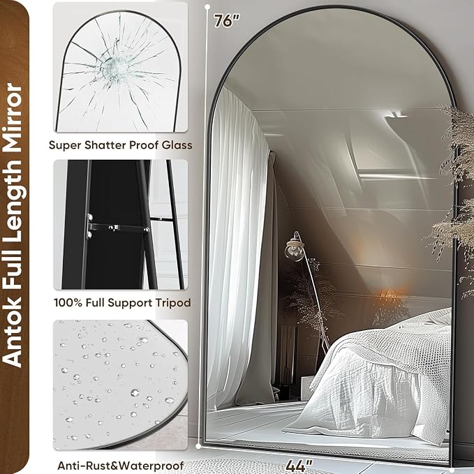Antok 76" x44” Arched Full Length Floor Mirror, Free Standing/Wall Mount/Leaning - Image 6