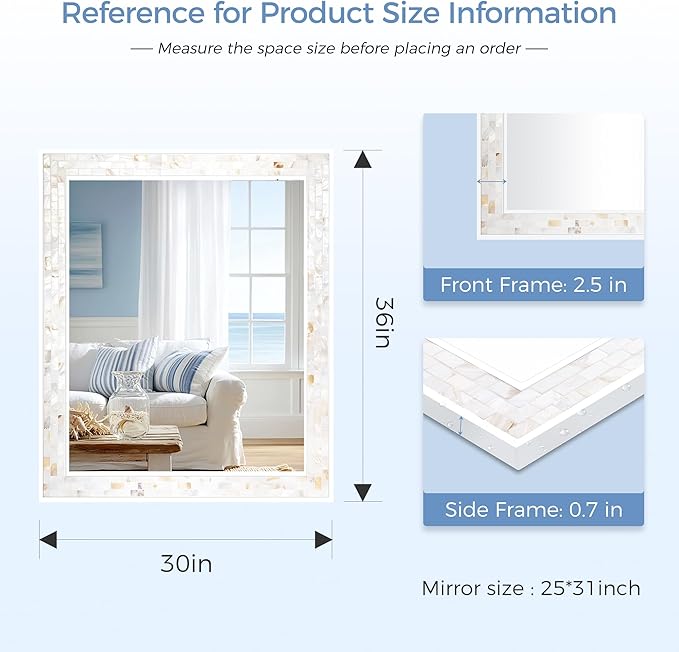 Tanmicoshomy 30 x 36 Inch White Bathroom Mirror, Natural Shell Framed Rectangle - Image 3