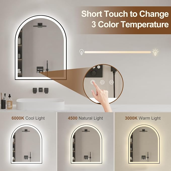 Arched LED Mirror for Bathroom 24"x30", 3 Color Changing, Shatterproof - Image 3