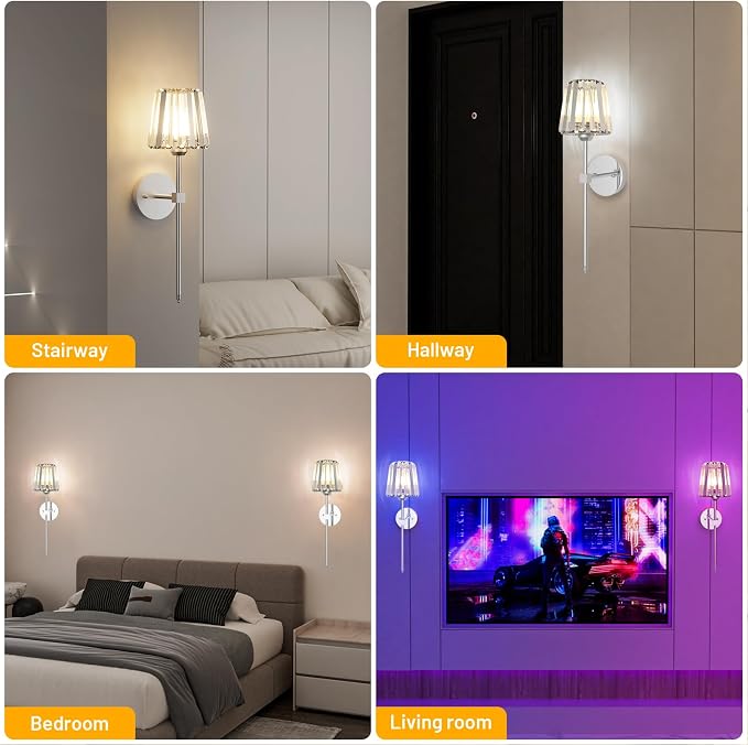 Crystal Battery Operated Wall Sconces Set of 2, Chrome Rechargeable Wireless - Image 8